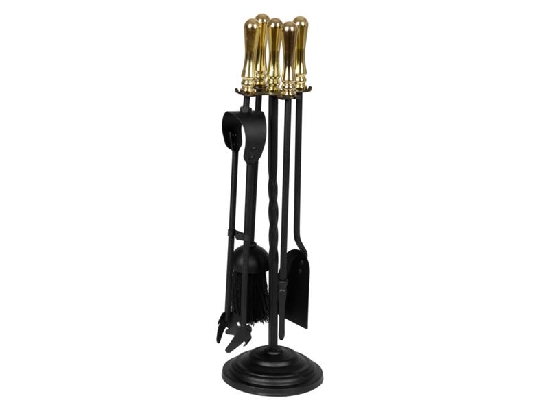 Black Companion Set With Round Base / Brass Handles 5 Piece